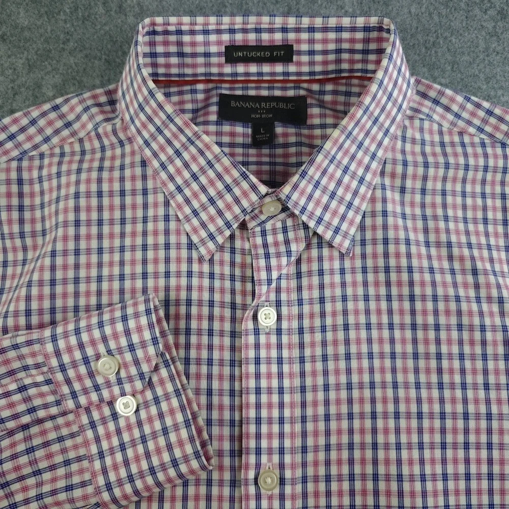 Banana Republic Shirt Mens Large Untucked Fit Non Iron Blue Pink Check Button